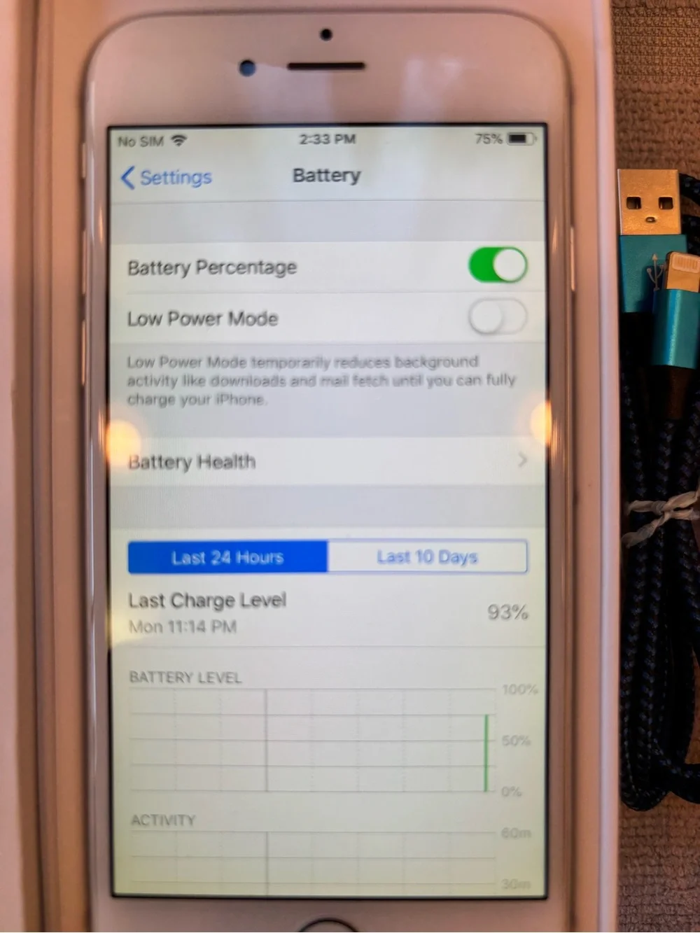Apple iPhone6 64GB White with Blue Braided Charging Cable and White Earbuds